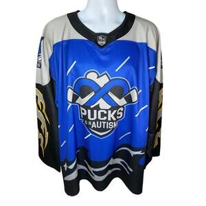 5IVEHOLE Hockey Jersey — 2XL Blue White Pucks for Autism 2025